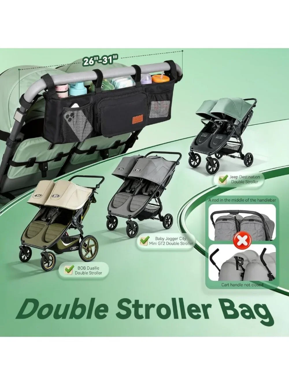 Double Stroller Organizer Caddy with Cup Holder | Side by Side Double Stroller